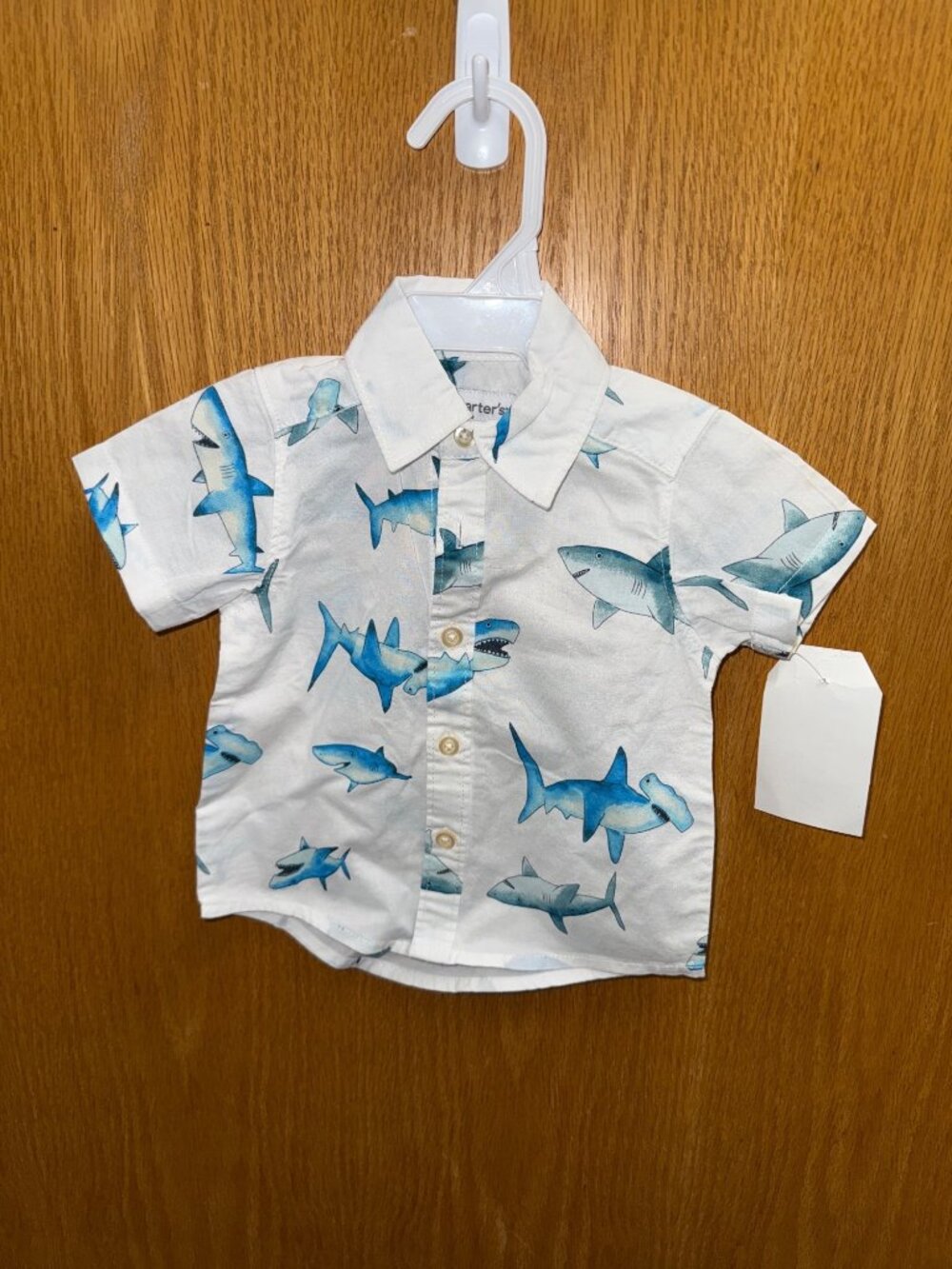 Boys White Short Sleeve Button-Up Shirt With Blue Shark Print By Carters